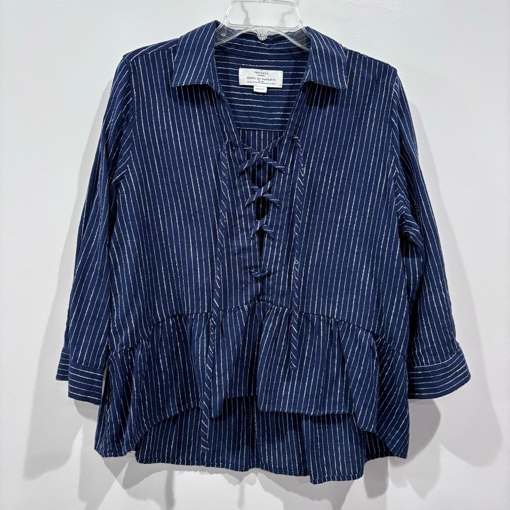 TROVATA Birds Of Paradise Navy Blue‎ Striped Long Sleeve Cotton Blouse M